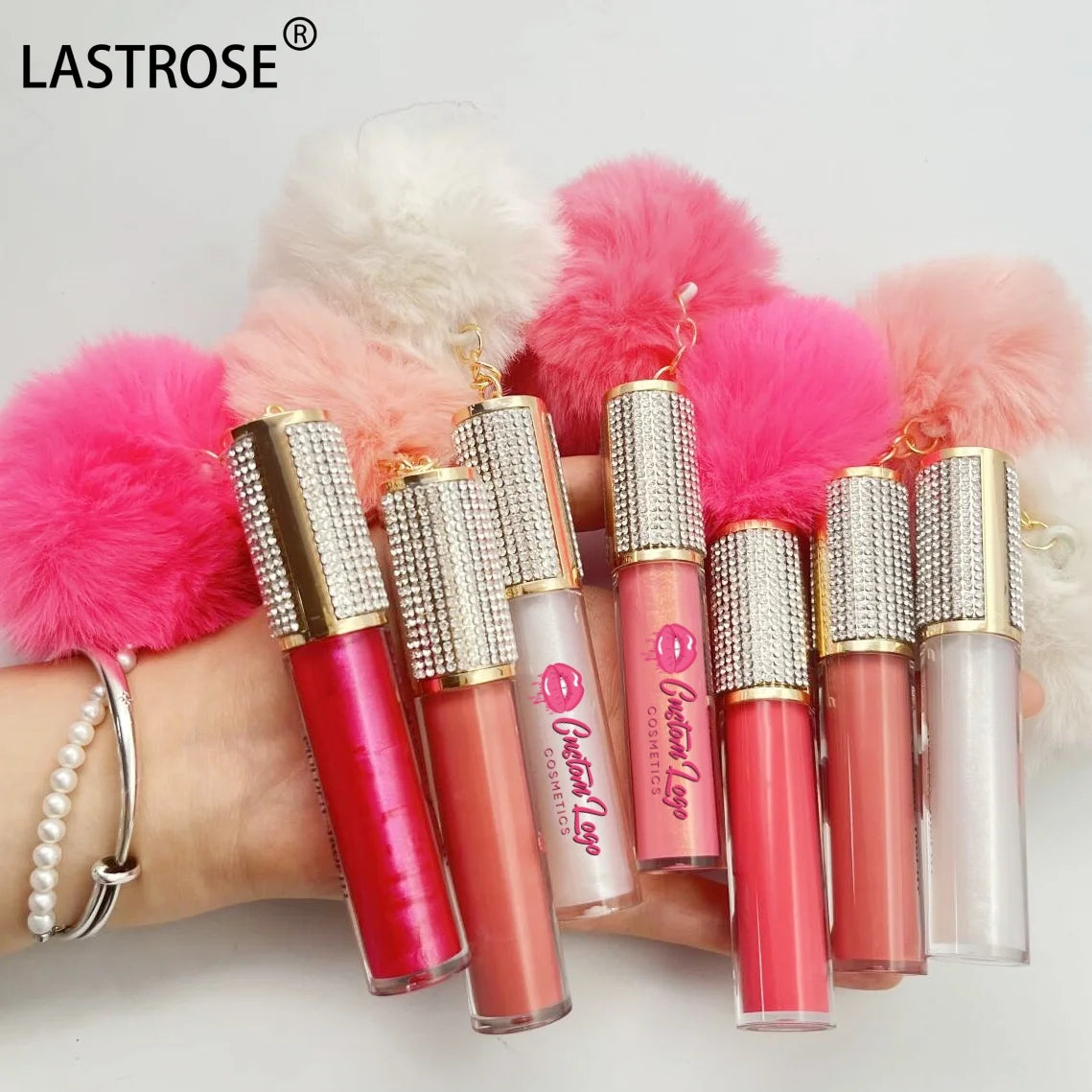 Private Label Luxury Vegan Glossy Glitter Matte Nude Brown Clear Pink Liquid Lipstick Diamond Pompom Fur Ball Keychain Lipgloss