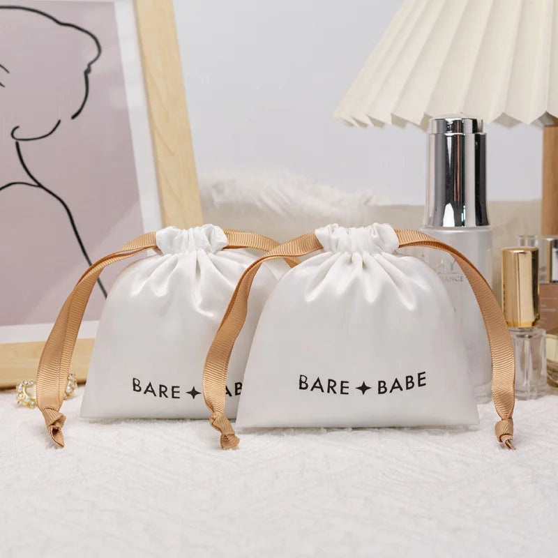 Luxury Custom Printed Satin Gift Jewelry Pouch Recyclable Soft Satin Hair Cosmetic Dust Drawstring Bag for Candy Storage