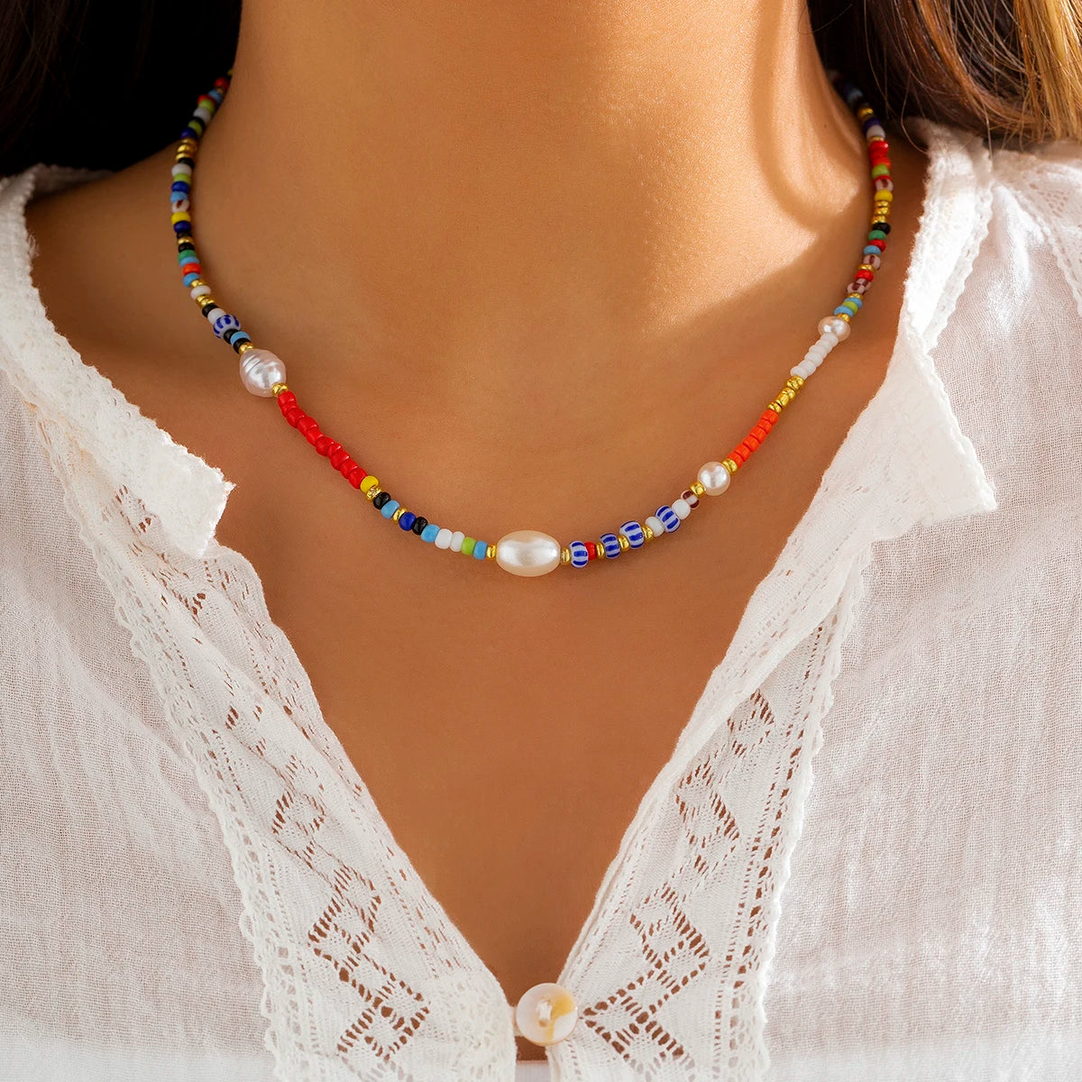 Bohemian Colorful Seed Beads Imitated Pearl Necklace for Women Trendy Lady Daily Street Choker Accessories Fashion Jewelry Gifts
