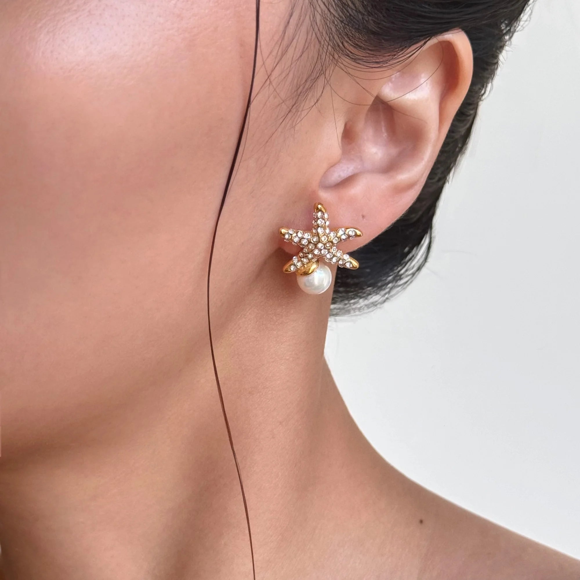 Dazan NEW HOT 18k Gold Plated Hypoallergenic Stainless Steel Vintage Starfish Iced Out Zircon Pearl Earrings Country Jewelry