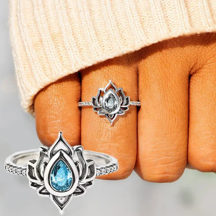 SC 2023 Hot Selling Lotus Flower Engagement Rings Valentine's Day Gift Vintage Waterdrop Zircon Lotus Rings for Women