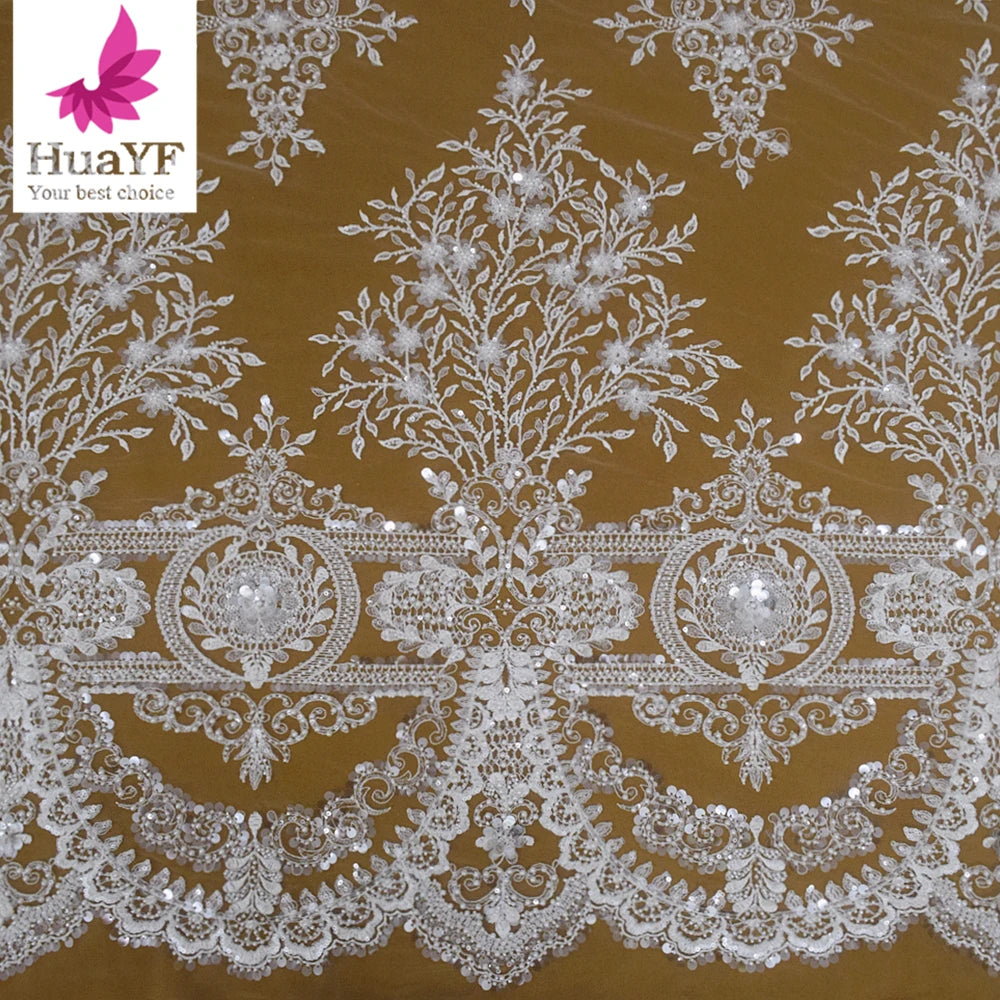 HY2251 Super Gorgeous 3d Heavy White Beaded Pearl Lace With Sequins for Wedding Bridal Dress Fabric 5 Yards