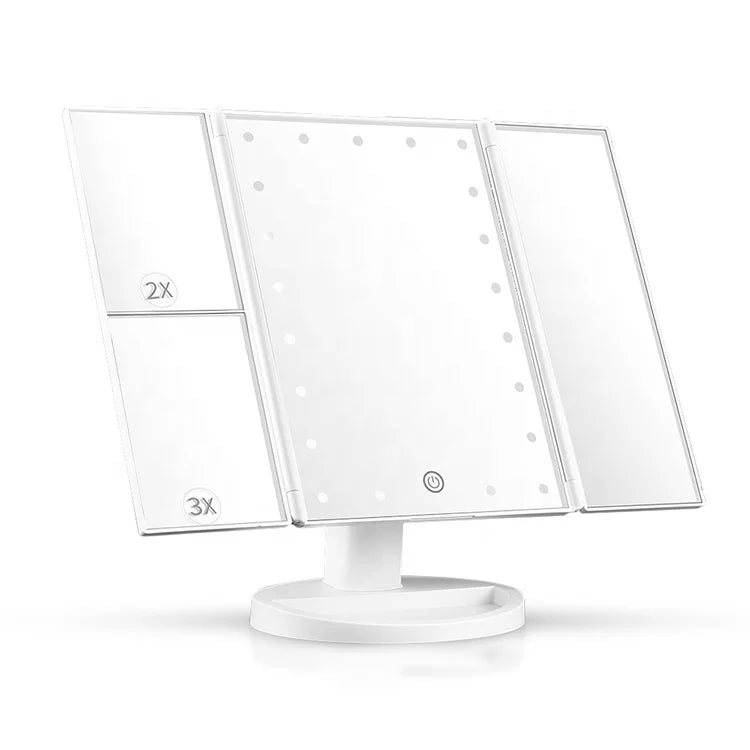 Hot Sales Led Light Screen Touch Makeup Mirror Tri-folded 1x 2x 3x Magnifying Mirror Cosmetic Tray Vanity Mirror With Led