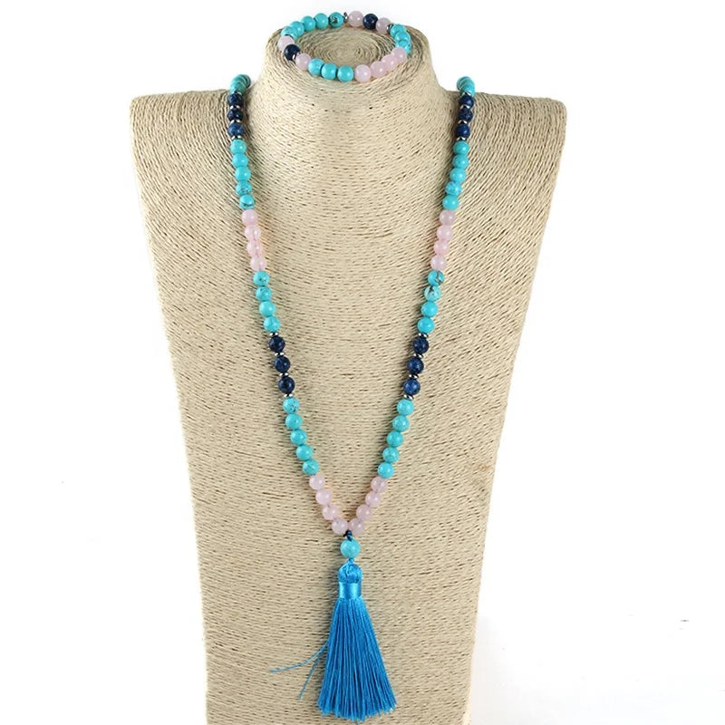 8mm Lava Natural Stone Turquoise Pink Quartz Necklace Bracelet Set Tassel Pendant 108 Beads Mala Yoga Set Western Jewelry