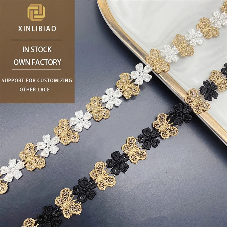 Water-Soluble Gold Thread Embroidery Lace Flower Butterfly Small Bar Platinum Black Clothing Wedding Embroidered Fabric