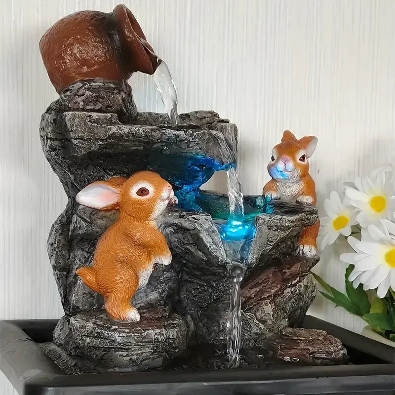 Whimsical Bunny & Pot Water Fountain Resin Statue Hand-painted Art Design Cute Home Decor Indoor Statues