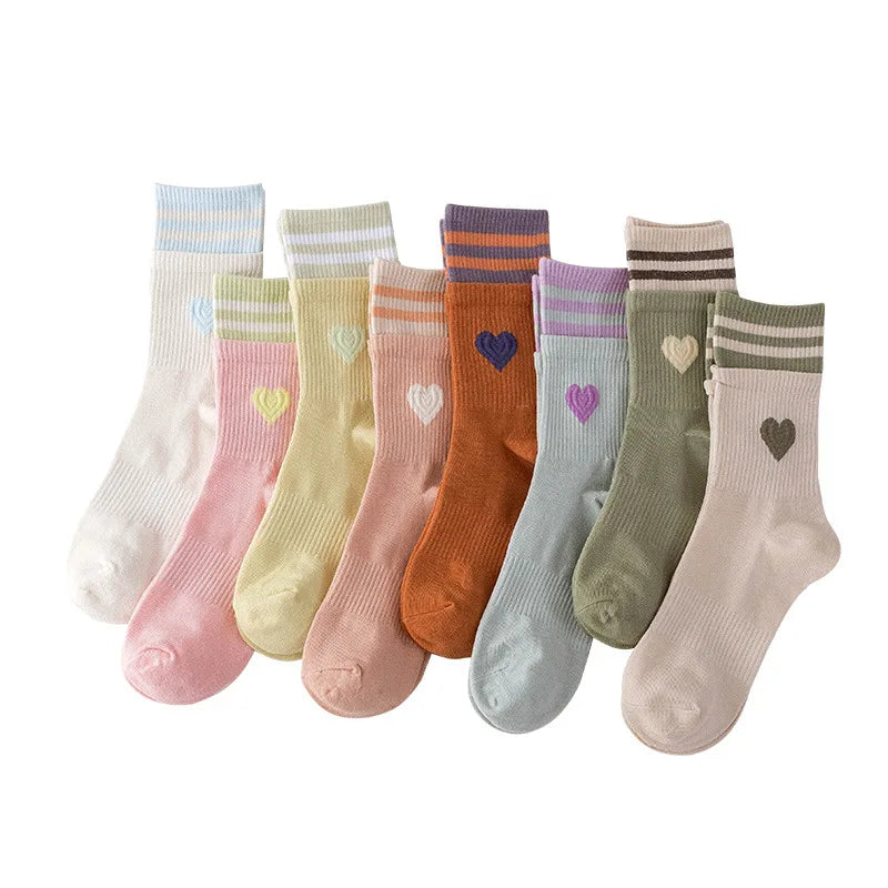2022 Double Ribbed Striped Top Color Matching Sweet Heart Embroidery Cotton Socks for Women