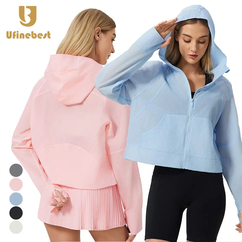 Sun Proof  UPF50+ Waterproof Anti-UV Women's Lightweight Sports Jackets Breathable Long Sleeve Hooded Yoga Jacket Adults