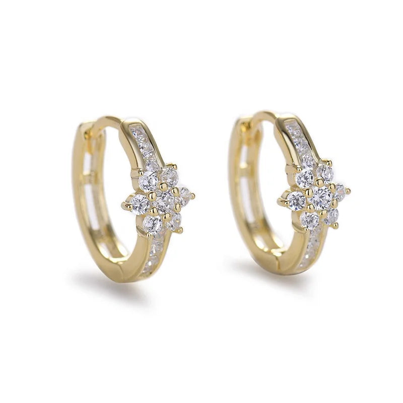 Hoop Earrings 925 Sterling Silver Gold Plated Inlay Cubic Zirconia Flower Round Earring for Lady  Not Prone to Allergies