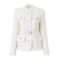 Elegant Style Lady Winter Newest White Short Jacket Women Tweed Stand Collar Single-breasted Coats With Belt