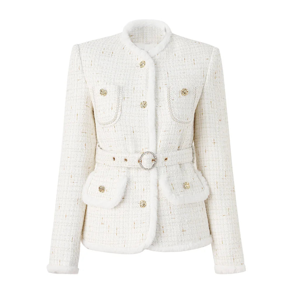Elegant Style Lady Winter Newest White Short Jacket Women Tweed Stand Collar Single-breasted Coats With Belt