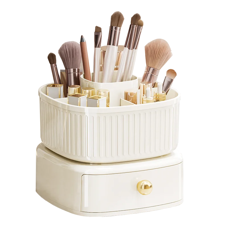 360 Degrees Rotating Makeup Brush Holder with Drawer Makeup Organizer Countertop Skincare Storage for Vanity Desktop Bathroom