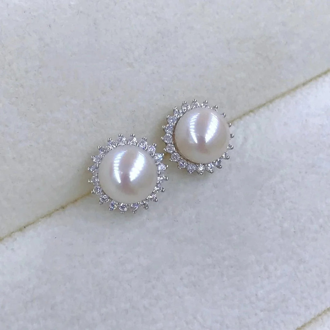 E723 7-8mm DIY Natural  Freshwater Pearl Charm Earrings Mounting Accessory 925 Sterling Silver Gold Plated  Jewelry for Women