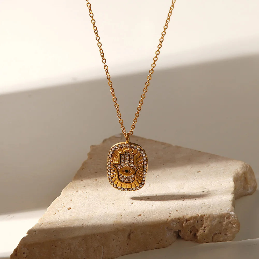 Geometric Transparent Zircon Necklace Stainless Steel Hand Print Necklace Geometric Clear Zircon Hand Oval Pendant Necklace