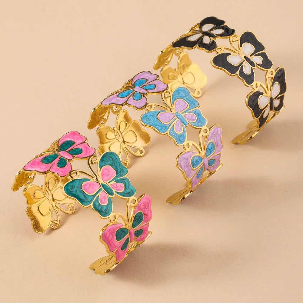 Fashion Wide Butterfly Drip Oil Bracelet Adjustable Elegant 18k Gold Bracelets Gift Bangles Womens Open Bangles Jewellery