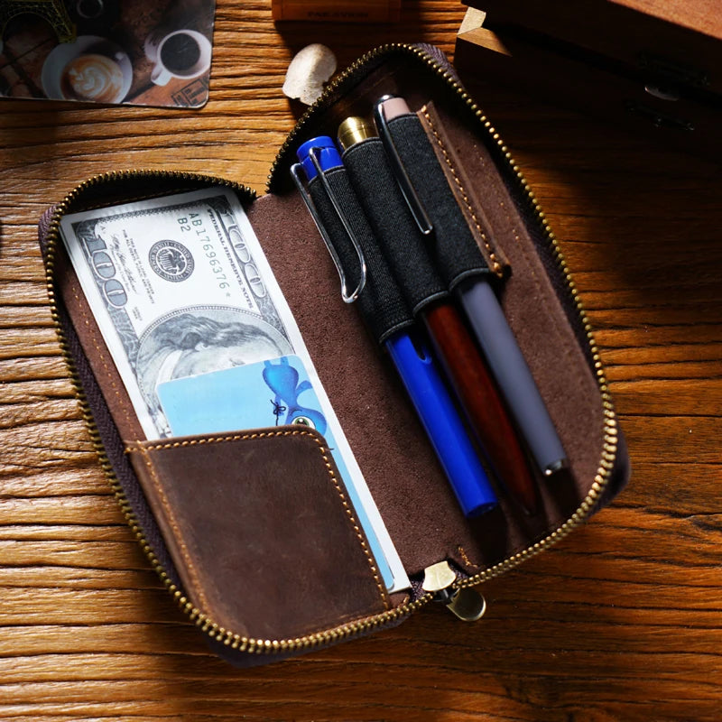 Trendy Custom Genuine Leather Zipper Pencil Bag with Cowhide Detail 16.5x8cm for School & Office Stationery
