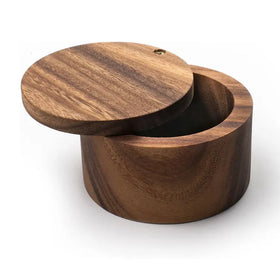 Round Wood Salt Box Acacia Wood Cellar with Swivel Lid for Household Storage Includes Salt & Pepper