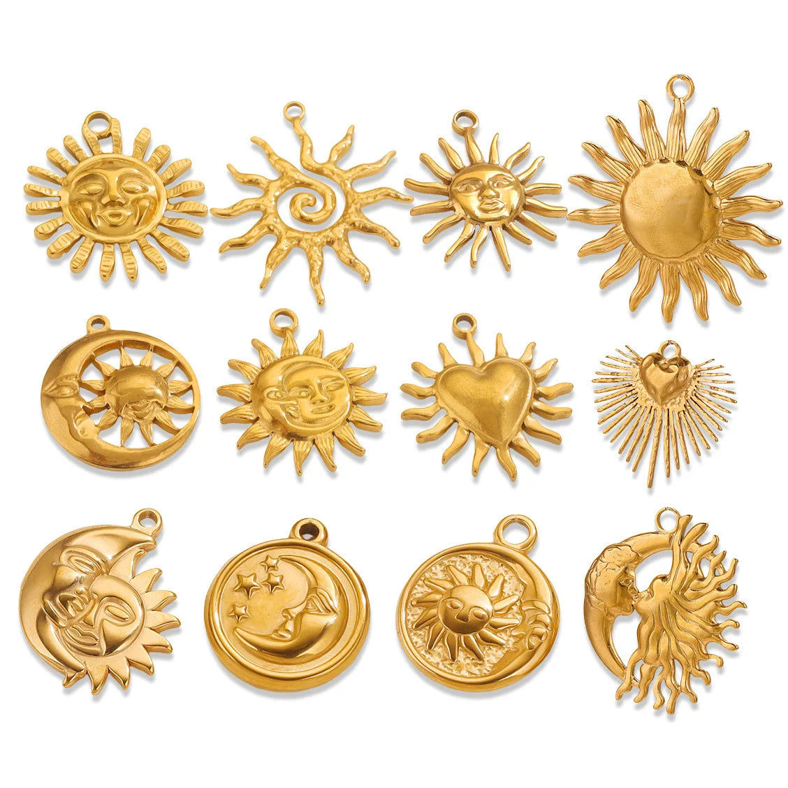Stainless Steel 18K Gold Plated Sun Pendant Bracelet Necklace DIY Engraved Face Sun Moon Pendants Charms for DIY Jewelry Making