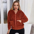 New Brown Woolen Jacket Hooded Zipper Loose Ladies Casual Woolen Jacket
