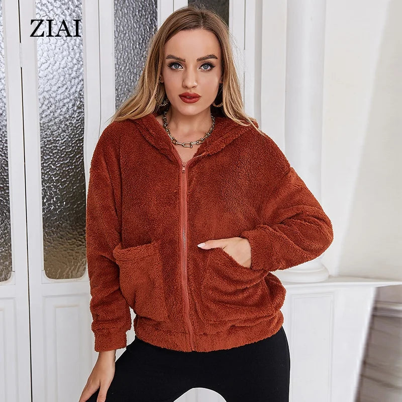New Brown Woolen Jacket Hooded Zipper Loose Ladies Casual Woolen Jacket