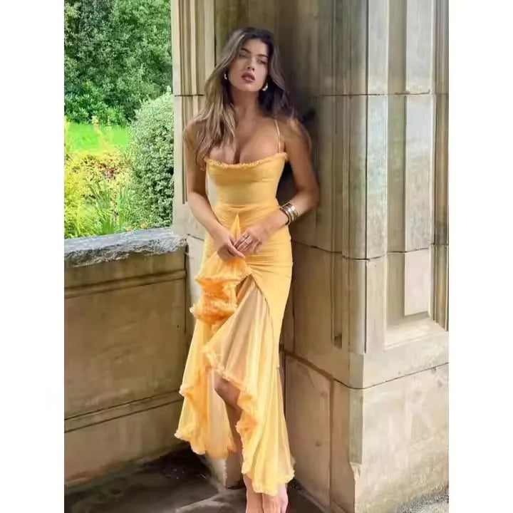 2025 Lady Evening Party Dresses Sexy Sleeveless Backless Slim Robes Women Elegant Irregular Ruffles Hem Pleated Sling Maxi Dress