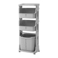 Plastic Laundry Hamper Basket Sorter 4 Wheels Trolley 3 Tier Shelf Rolling Cart Rolling Clothes Bin White+Grey Bathroom Storage
