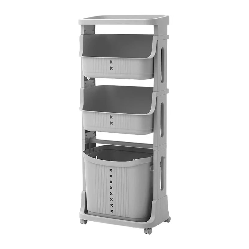 Plastic Laundry Hamper Basket Sorter 4 Wheels Trolley 3 Tier Shelf Rolling Cart Rolling Clothes Bin White+Grey Bathroom Storage