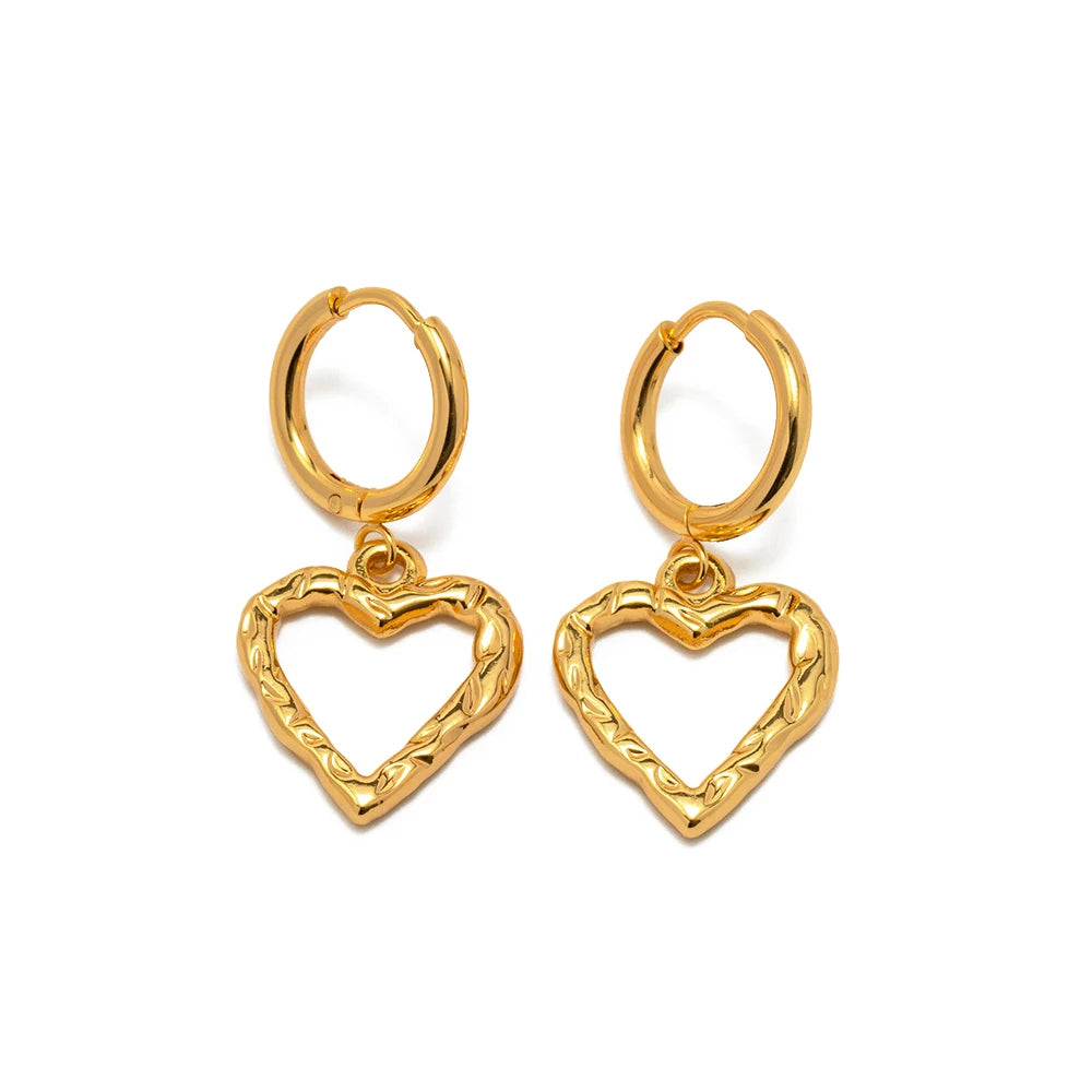 New Arrival 18K Gold Plated Stainless Steel Heart Hoop Texture Drop Earring