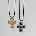 Vintage Black Rope Zircon CZ Cross Necklace Stainless Steel Cubic Zircon Cross Pendant Necklace Religious Jewelry