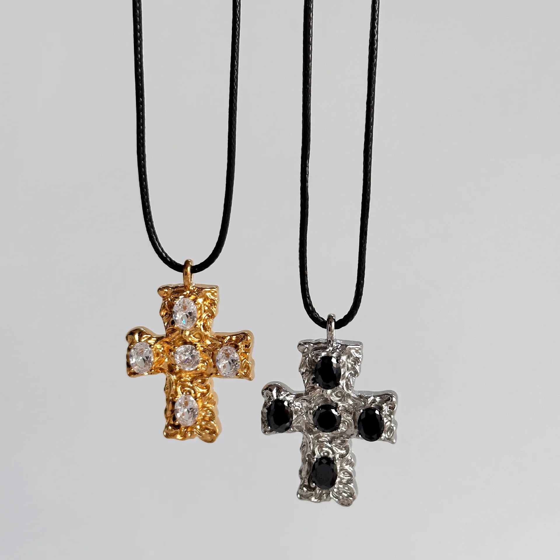 Vintage Black Rope Zircon CZ Cross Necklace Stainless Steel Cubic Zircon Cross Pendant Necklace Religious Jewelry