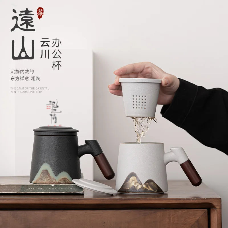 Japanese Style Hand Drawn Yuanshan Mug Ceramic Filter with Cover Liner Tea Water Separation Tea Cup Water Cup