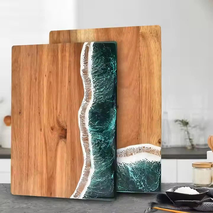 Acacia Wood and New Resin Cutting Board Wave Spliced Design Kitchen Fruit and Steak Board for Chopping Rectangle Wooden Boards