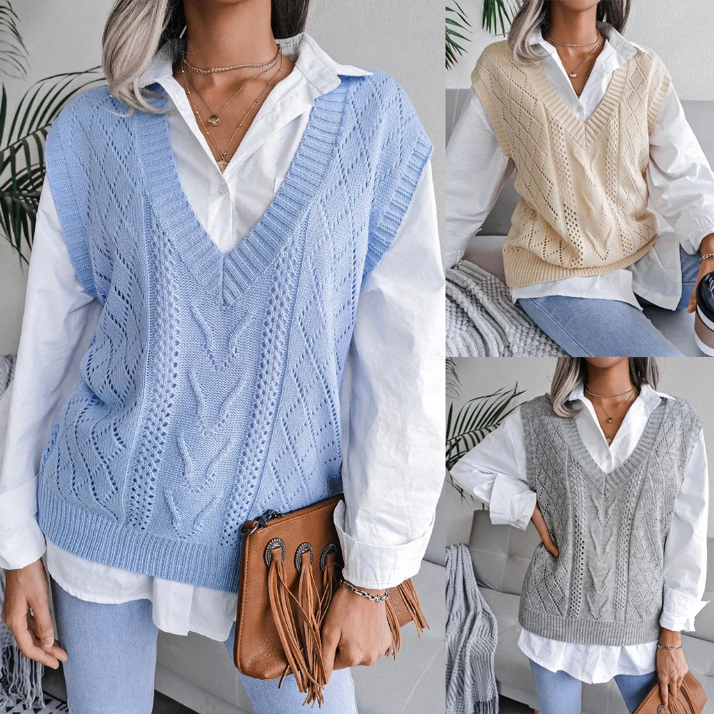 2025 Autumn and Winter European and American Hollow Twisted Vest Sweater