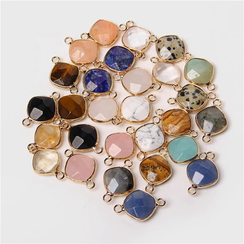 14mm Double Hole Gold Plated Healing Jade Crystal Gemstone Charm Pendant Accessories Jewelry Making Trendy Gift Women