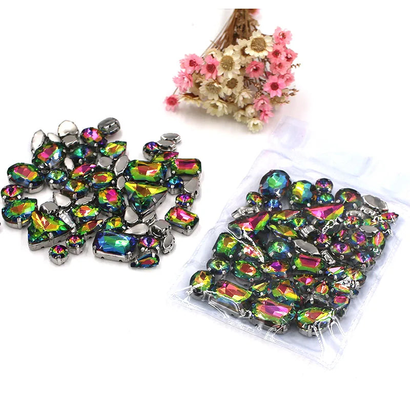 Hot Selling Sew-On Mixed Shape 3D Glass Rhinestones Flatback Loose Rhinestones Available in Rainbow Color