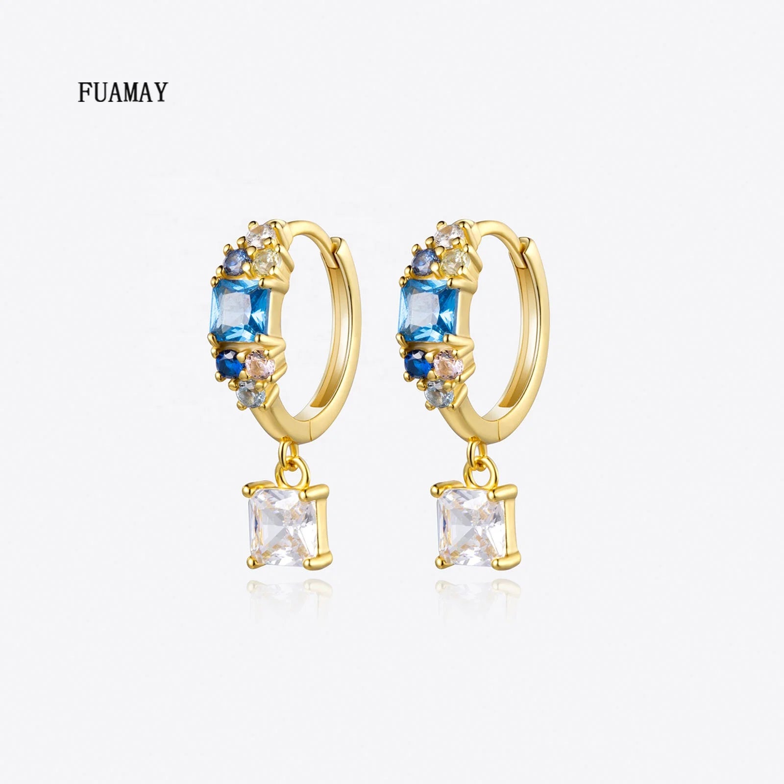 FUAMAY 925 Sterling Silver Drop Earrings for Women Unique Blue Cluster Color Geometric Pattern Main Zircon for Wedding Party
