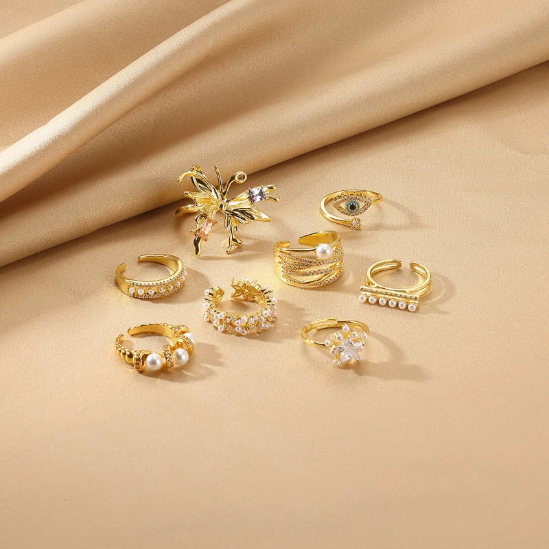 X185 Wholesale Gold Plated Copper Cubic Zirconia Ring Women's Minimalist Floral Pearl Geometric Open Ring