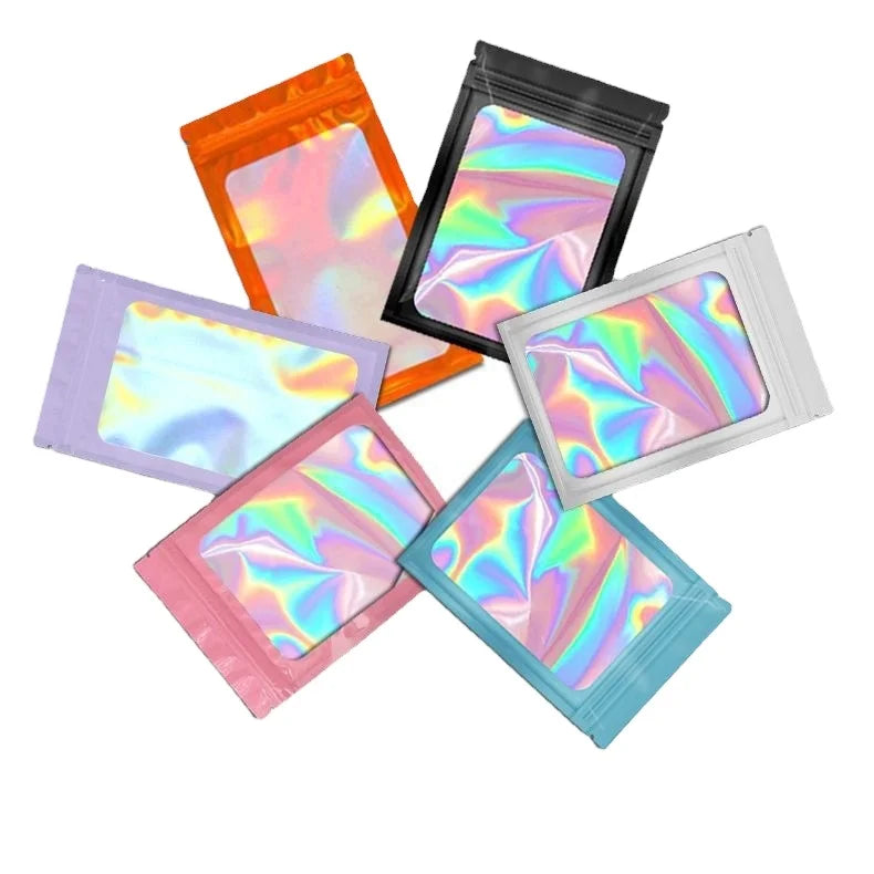 2023 Quality OEM Black Printing Zip Lock Vinyl Zipper Pouch Holographic Stand up Pouch Mylar Bags with Window