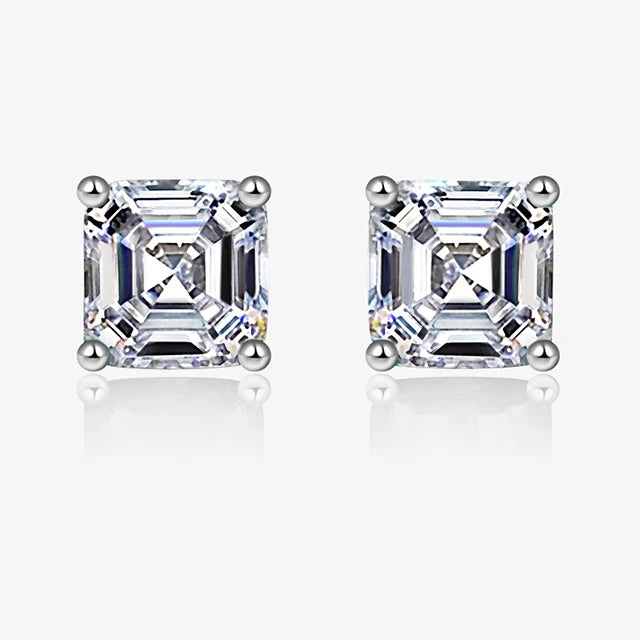 925 Sterling Silver Square  Cubic Zirconia Diamond Asscher Cut Earrings Studs for Women