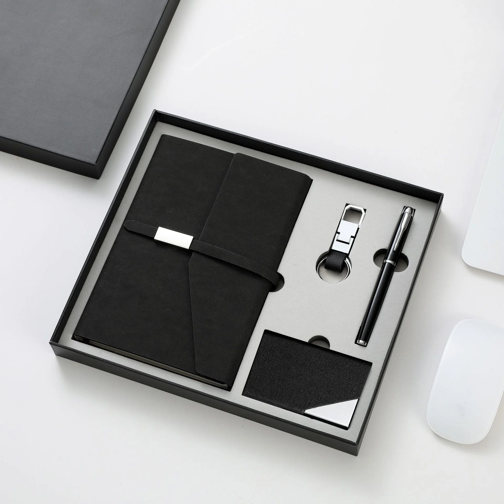 Business Souvenirs Notebook Business Card Holder Keychain Suit Printed Logo Buckle Notepad Four-Piece Gift Box