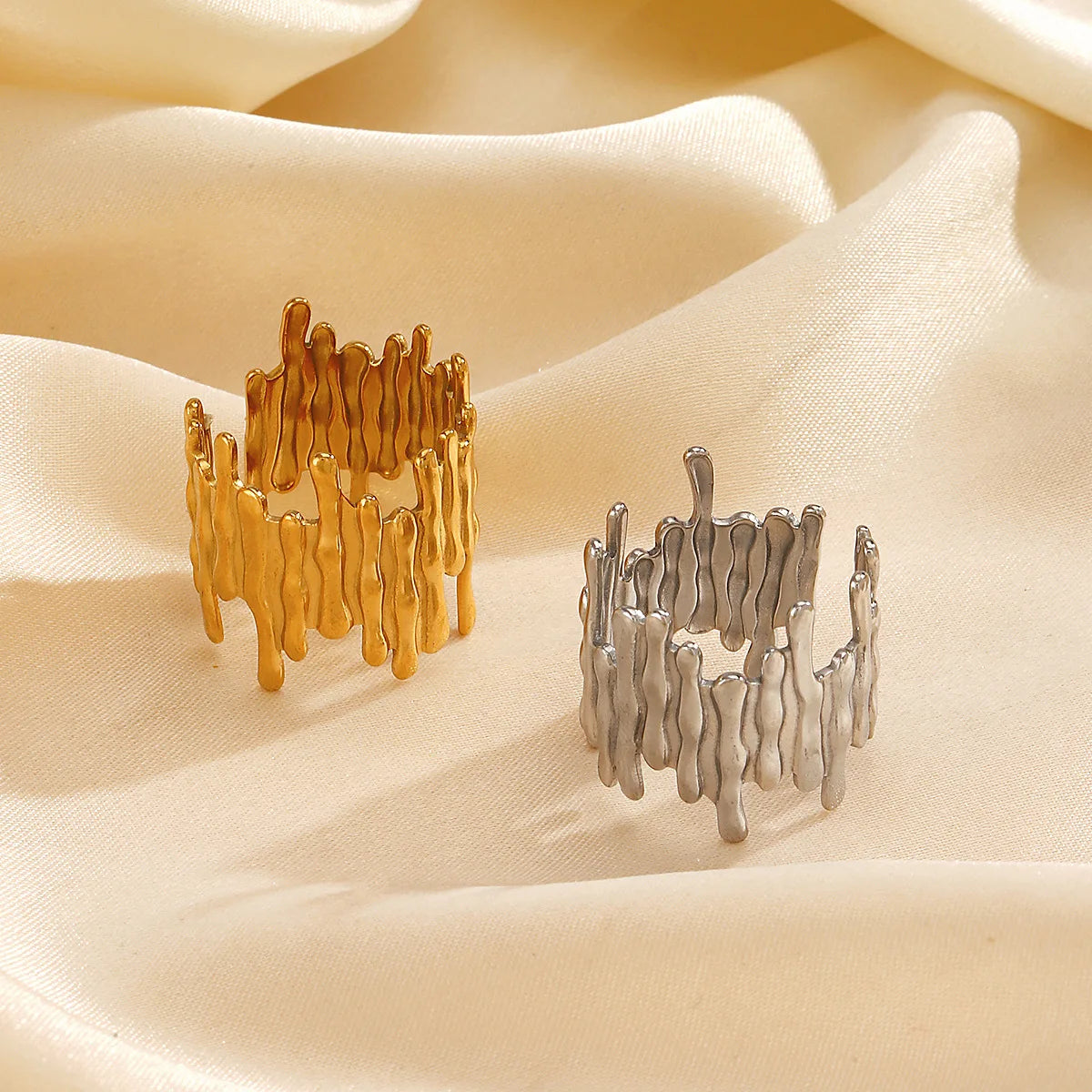Hip Hop 18K PVD Gold Plated Stainless Steel Waterproof Irregular Geometric Lines Wide Women Open Ring