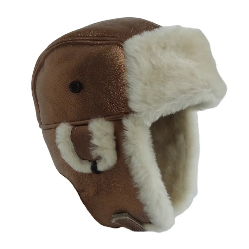 Sample Support Custom Logo Russian Winter Hats with Earflaps Australian Shearling Sheepskin for Men & Women for Sports Fishing