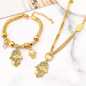 Wholesale No Fade Titanium Steel Exaggerated Thick Chain Zircon Hollow Palm Pendant Bracelet Necklace