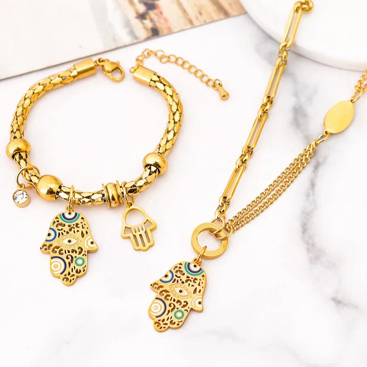 Wholesale No Fade Titanium Steel Exaggerated Thick Chain Zircon Hollow Palm Pendant Bracelet Necklace