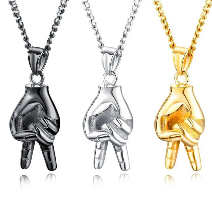 Punk Rock Creative Personality Jewelry Stainless Steel Victory Gesture Gold Silver Black Hand Pendant Necklace for Men