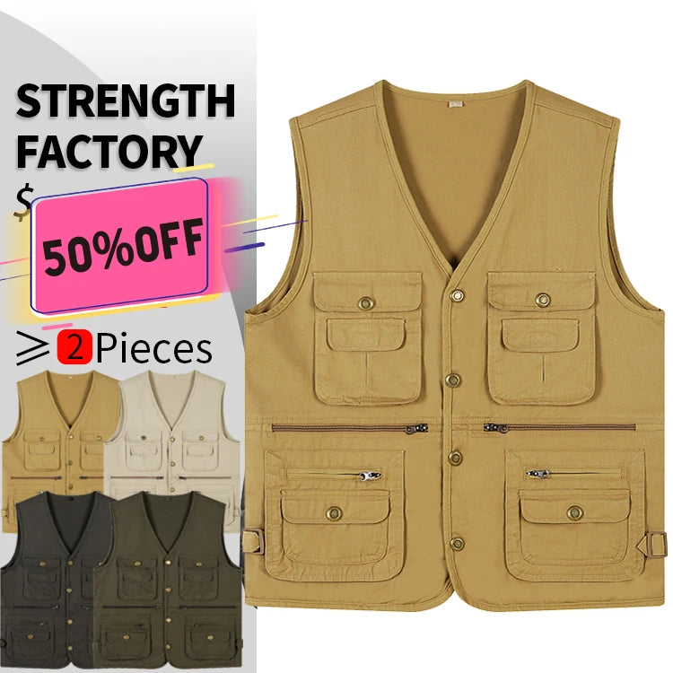 Custom Quality 100% Cotton Men Multi-pockets Vest Khaki Color Fishing Photography Waistcoat Jackets