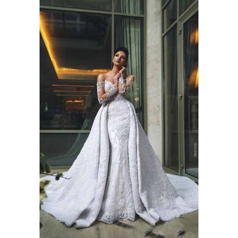 Luxury African Mermaid Wedding Dresses Off Shoulder Long Sleeves Full Lace Overskirts Open Back Detachable Train Bridal Gowns