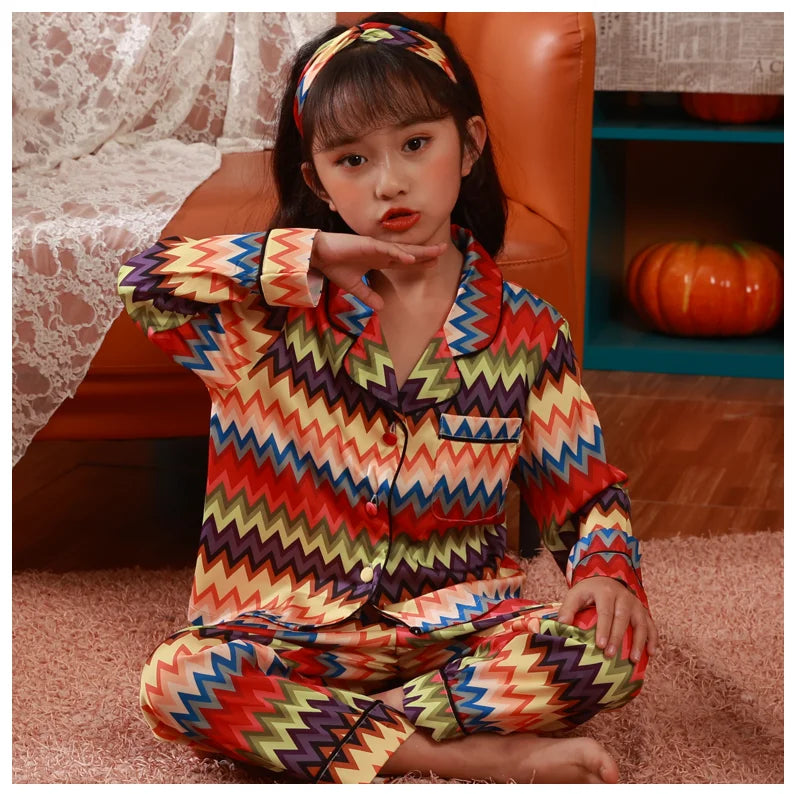 Satin Long Silk Cheap Pajamas for Kids Girl Cute Pajamas Colorful With Headband Kids Spring Autumn Pajamas
