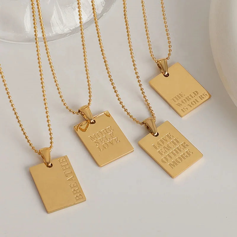 18K Gold Plated Stainless Steel Minimalist Jewelry Memorial Love Letter Rectangle Square Pendant Necklace
