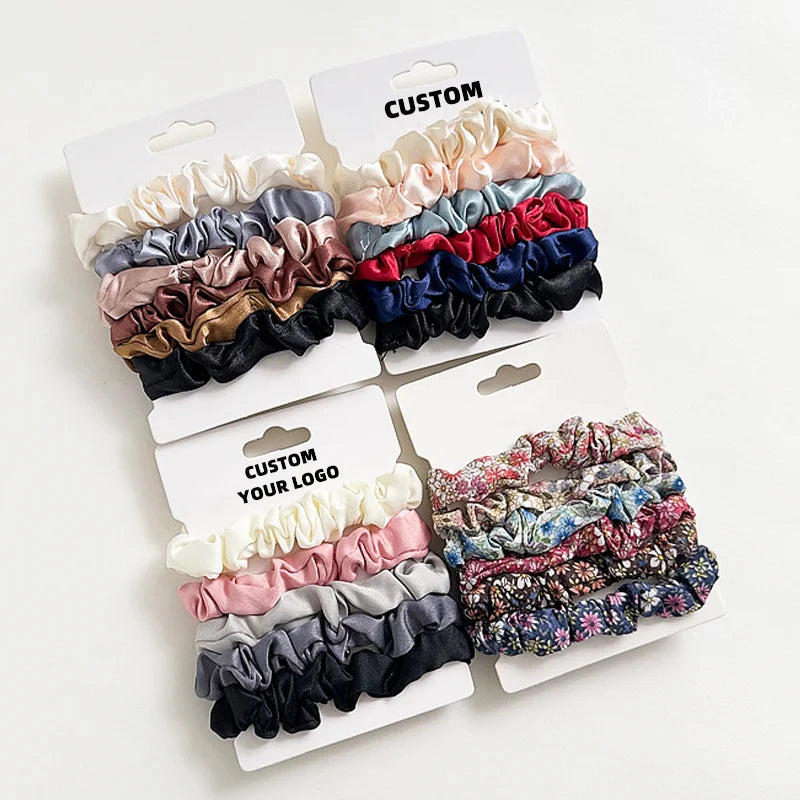 Low MOQ Wholesale Custom Elastic Silk Satin Scrunchies Set Pack Velvet Hair Decoration Hair Bands for Girls Kids Women